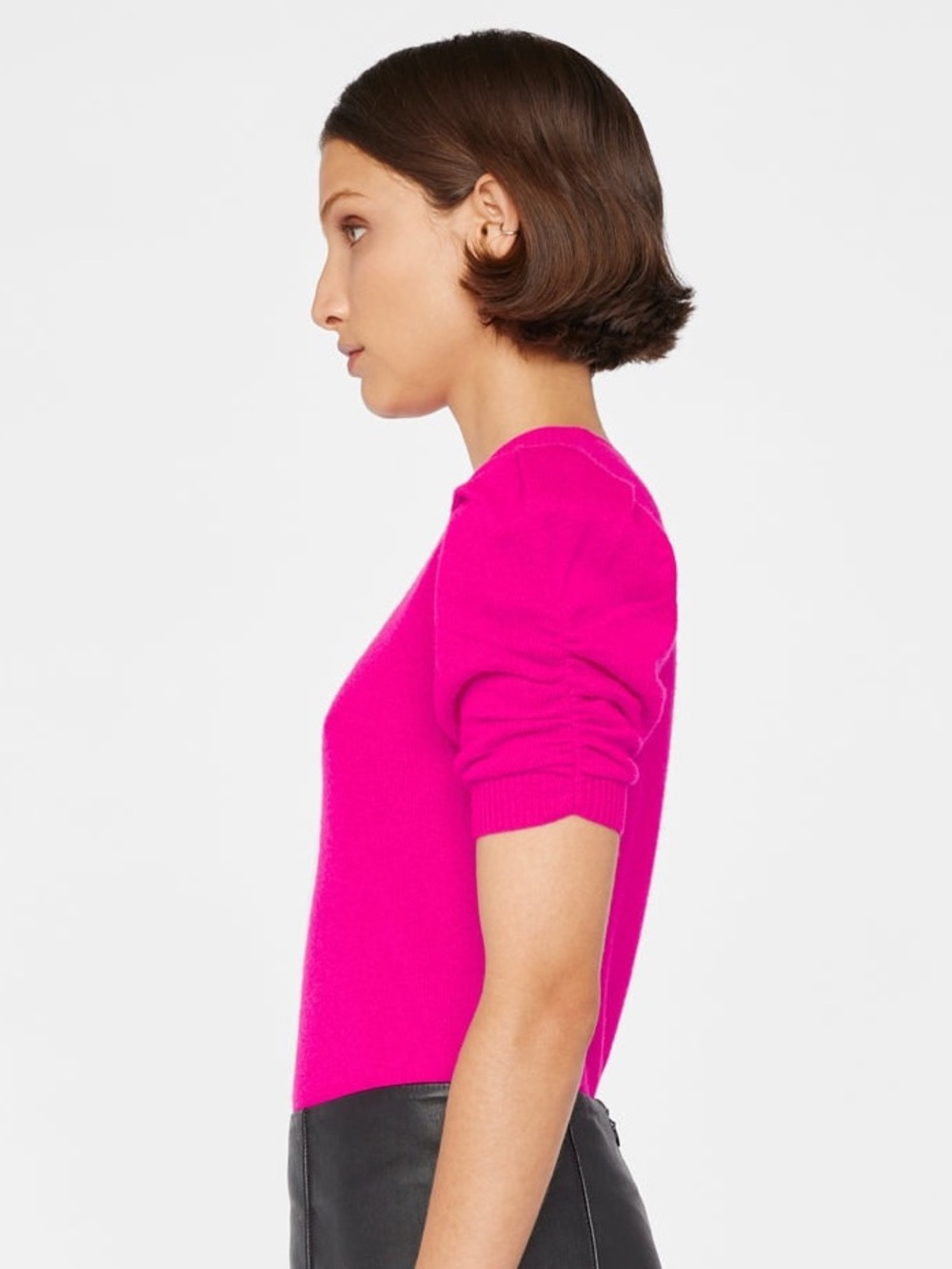 FRAME Cashmere Short Sleeve Ruched Sleeve Sweater Magenta Size Small - Picture 3 of 10